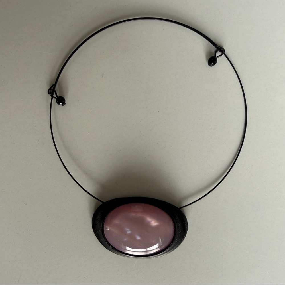 Vintage Black Wire Choker Necklace with Pink Iridescent Pendant